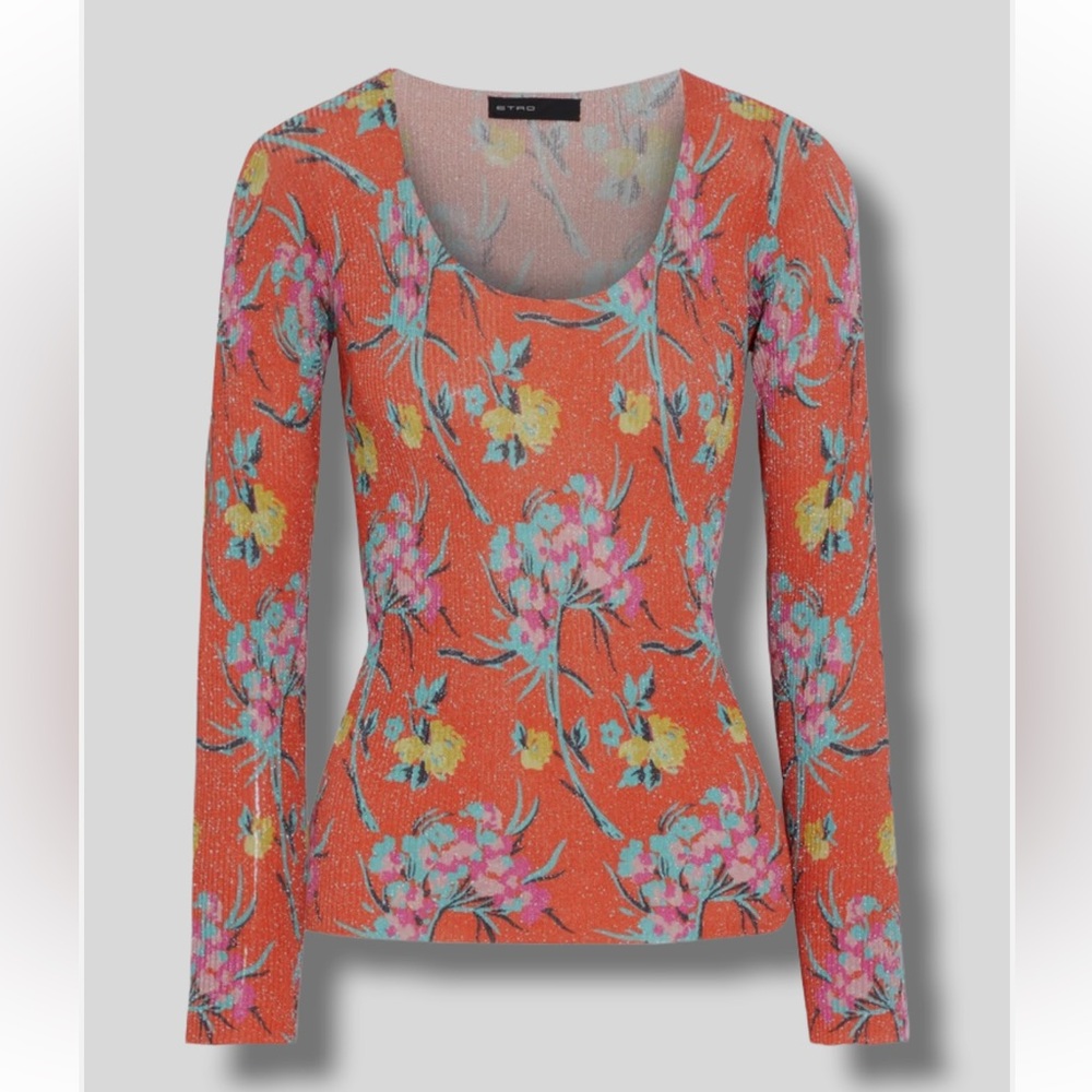 Floral Orange Long Sleeve Top metallic Etro